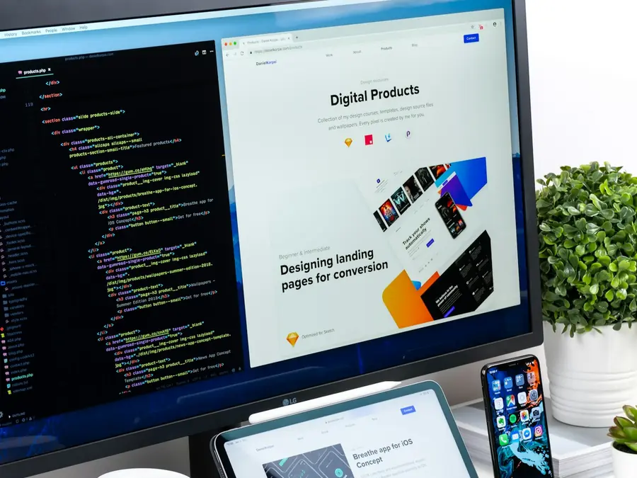 Monitor showing a website layout next to its code