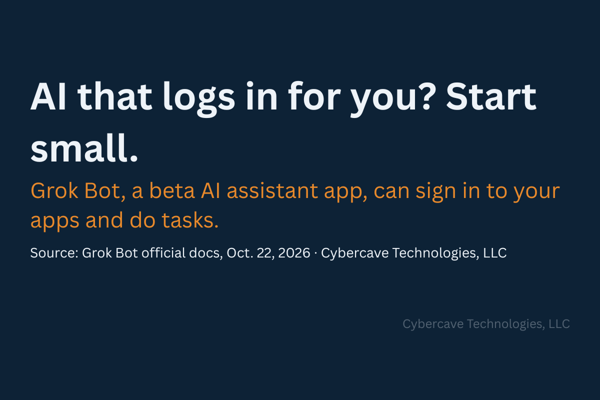 Text card on a dark navy background reading: AI that logs in for you? Start small. Grok Bot, a beta AI assistant app, can sign in to your apps and do tasks. Source: Grok Bot official docs, Oct. 22, 2026. Cybercave Technologies, LLC.