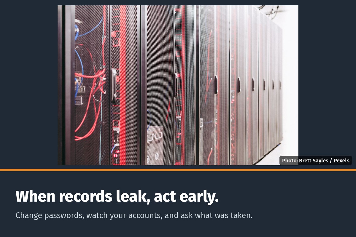 Rows of servers in a data center, with the words "When records leak, act early."